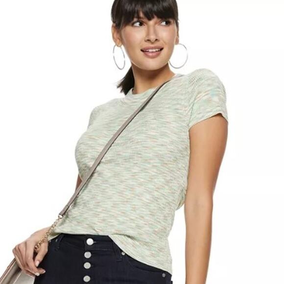 Nine West Ribbed Short-Sleeve Green/Beige High Neck Long Top Women Sz M - Picture 1 of 7